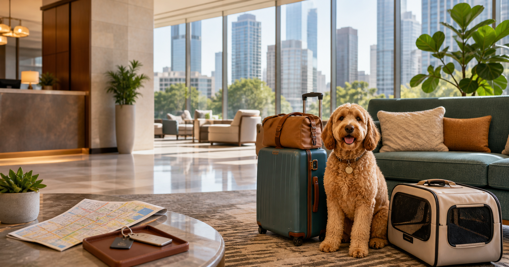 A traveler comparing pet-friendly hotels in major U.S. cities with a dog beside a suitcase.