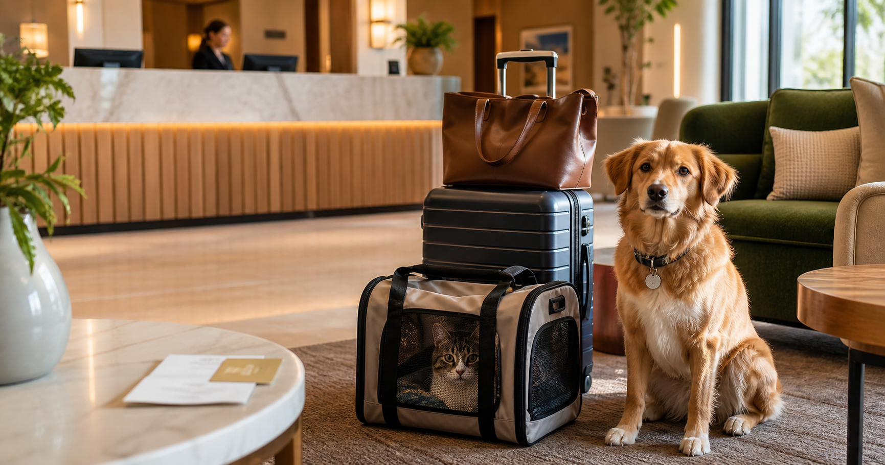 A hotel lobby with a suitcase, a dog, and a cat carrier ready for check-in.