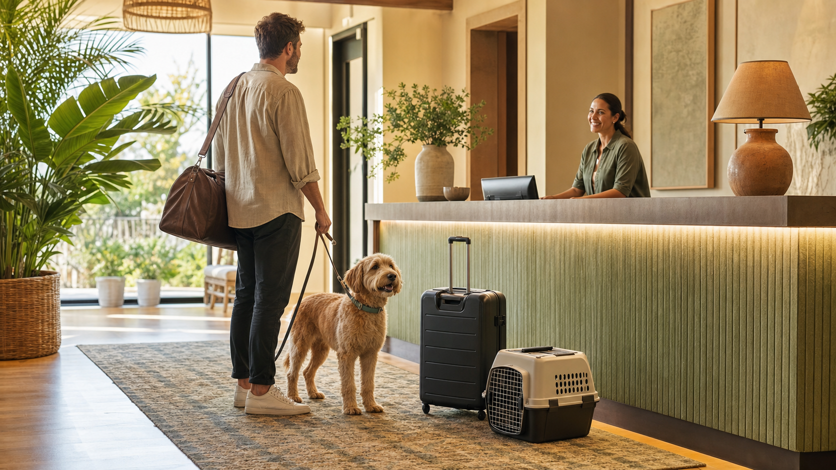 A traveler checking into a hotel lobby with a dog, suitcase, and cat carrier.
